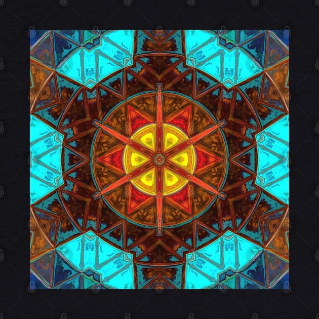 Mosaic Kaleidoscope Flower Blue Orange and Yellow by WormholeOrbital